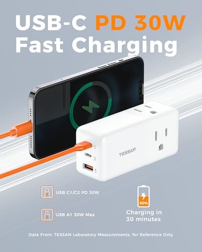 TESSAN 30 W USB Charging Station with Flat Plug & 5 FT Extension Cord – Multiport Fast Charger for Phones, Tablets, Laptops – Perfect Travel Companion with 3 AC Outlets & Enhanced Safety Features for Home and Office Use