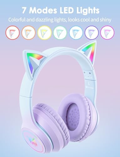 Whimsical Cat Ear Bluetooth Headphones for Kids & Adults – Immersive Hi-Fi Sound, 55-Hour Playtime, LED Light-Up Design, Built-In Microphone, and Universal Compatibility with i Phone, i Pad, Laptop & PC for Ultimate Fun and Comfort