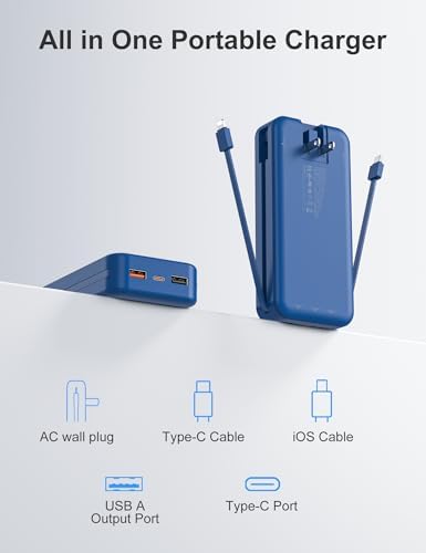 Ultra-Portable 20000 m Ah Power Bank with Built-In Cables & AC Plug | PD 20 W Fast Charging for i Phone, Samsung, Android | LED Display Travel Charger – Charge Multiple Devices Seamlessly and Stay Powered On-the-Go