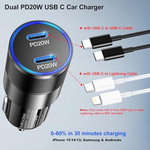 Dual USB Type C Car Charger 2 Pack – Fast Charging Cigarette Lighter Adapter for i Phone 16/15/14/13/12 & Samsung Galaxy S24/S23/S22 – Includes Two 6 FT Cables for Enhanced Travel Convenience and Universal Compatibility – Reliable Power On-the-Go