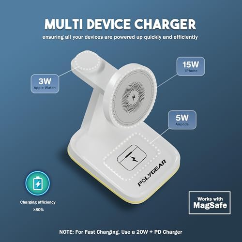Revolutionize Your Charging Routine with the POLYGEAR 4 in 1 Magnetic Wireless Charging Station – 15 W Fast Mag Safe Hub for i Phone 12-15 Pro Series, Air Pods 2/3/Pro, and i Watch Ultra/8/7/SE/6/5/4/3/2 – Includes 20 W PD Adapter & USB-C Connectivity for Unmatched Versatility and Efficiency