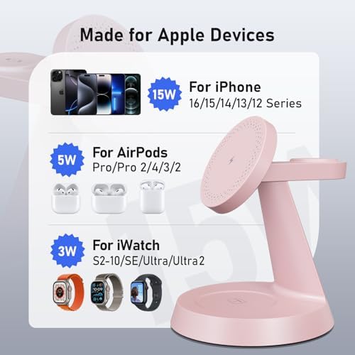 Sleek Pink 3-in-1 Wireless Charging Station for Apple Devices – 15 W Mag Safe Fast Charger Stand for i Phone 16/15/14/13/12, Air Pods & i Watch – Magnetic Alignment for Effortless Power-Up & Clutter-Free Workspace