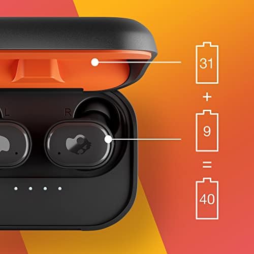 Skullcandy Grind Fuel Wireless Earbuds – Bluetooth Headphones with 40-Hour Battery Life, Noise-Isolating Comfort, and Wireless Charging Case – Customizable Audio via Skull-i Q App – True Black/Orange – Perfect for Music Lovers on the Go