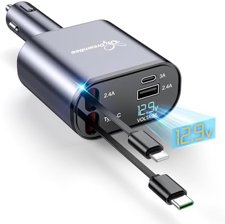 Ultimate 66 W Retractable Car Phone Charger – Fast Dual Type-C Charging Solution for i Phone 15/14, Samsung Galaxy S23+/S23/S22, i Pads – Tangle-Free Design for Efficient Multi-Device Power-Up in Cars and Trucks – Perfect Travel Accessory with Built-In Safety Features