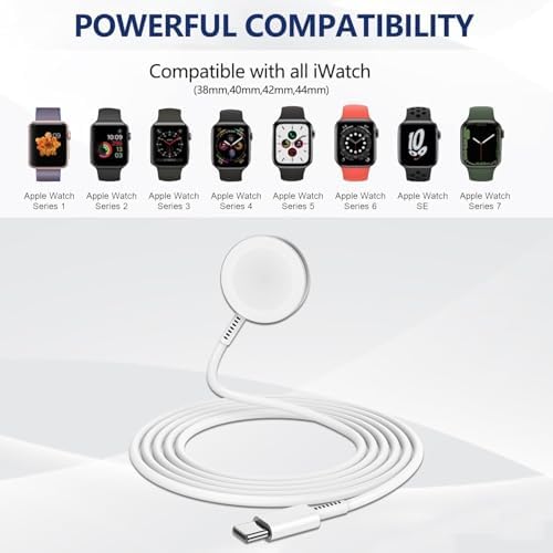 Premium 5 W Fast Charging USB C Cable for Apple Watch – 6 ft Magnetic Charger, MFi Certified, Compatible with Series SE2/8/7 & All Sizes 38 mm to 45 mm – Reliable & Efficient Power Solution for On-the-Go Users