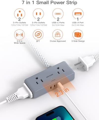 BESHON 10 ft Flat Plug Extension Cord with 4 Wide Outlets & 3 USB Ports (2 USB-C) – Versatile Power Strip for Home, Office & Dorm – Space-Saving Design with Surge Protection & Fast Charging Capabilities