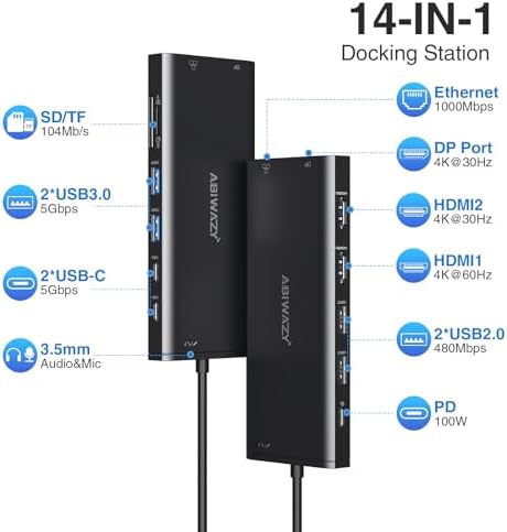 Transform Your Workspace with the Ultimate 14-in-1 USB-C Docking Station – Elevate Productivity with Dual Monitor Support, 2 HDMI & Display Port Outputs, 7 Versatile USB Ports, Stable Ethernet Connectivity, and Audio Output – Ideal for Dell, HP, Lenovo Think Pad & Surface Laptops – Sleek Silver Design for Professional Environments