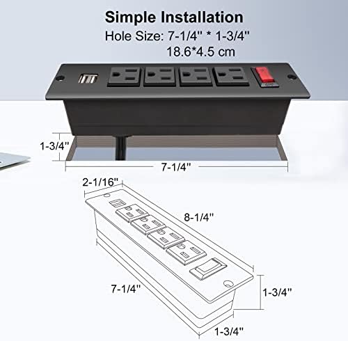 Sleek Recessed Power Strip with Dual USB Ports – Flush Mount Desktop Outlet for Effortless Power Access in Kitchen, Office, or Conference Room – Ultimate Surge Protection and Fast Charging Solution for Modern Spaces