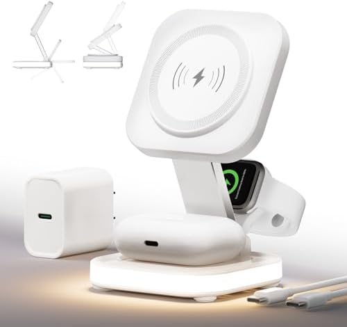Ultimate 5-in-1 Magnetic Wireless Charging Hub for Apple Devices – Fast 15 W Charging Station with Adjustable Night Light for i Phone 16/15/14/13/12, Apple Watch, and Air Pods – Eco-Friendly, Travel-Ready Design with Advanced Safety Features and 360° Viewing Angles – Complete with Adapter and USB-C Cable
