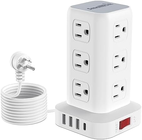Elevate Your Charging Efficiency with the 12-Outlet Tower Surge Protector Power Strip – 6.5 Feet Extension Cord, 4 USB Ports Including USB-C, Compact Charging Station for Office and Home, Enhanced Surge Protection for Ultimate Device Safety