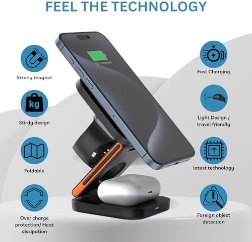 Revolutionize Your Charging Routine with the Foldable 3-in-1 Mag Safe Wireless Charging Station – 15 W Fast Charger for i Phone 12-15 Pro/Pro Max/Plus/Mini, Air Pods 2/3/Pro, and i Watch Ultra/8/7/SE/6/5/4/3/2 B – Includes 20 W PD Adapter for Superior Speed and Portability – Sleek Design for Home and Office Use