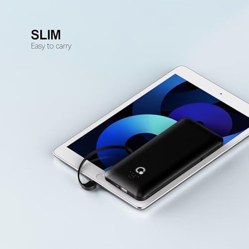 Ultimate Q 10000 m Ah Slim Power Bank with Built-in AC Plug – Ultra-Portable Charger for i Phone, Samsung, Android & Tablets – Four Output Ports for Simultaneous Charging, Includes Micro USB & USB-C Cables – Experience Enhanced Compatibility & Rapid Power on the Go