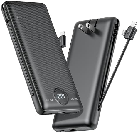 Statik Go Hub Slim 10000 m Ah Portable Charger with Built-in Cables – Universal Power Bank with Wall Plug for Fast Charging Multiple Devices on the Go – Lightweight Travel Charger for Smartphones and Tablets