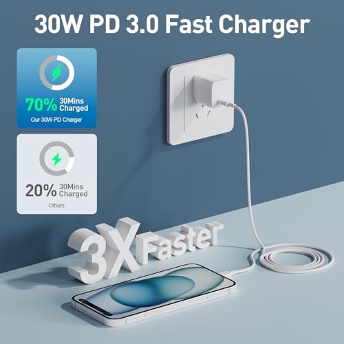 Revolutionize Your Charging Experience with the 30 W Fast Charge Bundle for i Phone 15 & 16 – Includes a 10 FT USB C Cable and Robust Type C Power Adapter – Ideal for i Pads and Android Devices – Optimize Charging Speed and Flexibility for Active Lifestyles