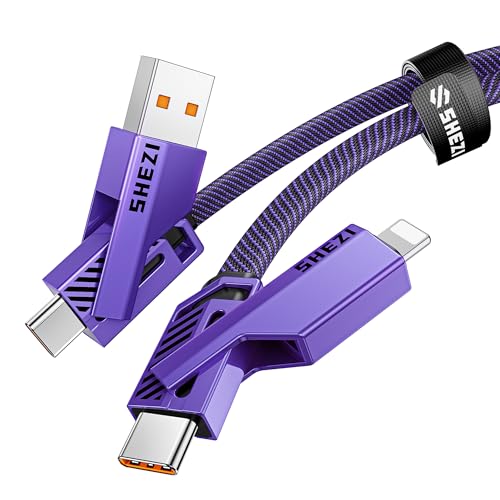 SHEZI 4-in-1 Fast Charging USB C Cable – 60 W Power Delivery with Lightning, USB C, and USB A Ports – 5 FT Durable Flat Nylon Braided Cord – Stylish Pink Design for i Phone, i Pad, and More – High-Speed 480 Mbps Data Transfer Solution for All Your Devices