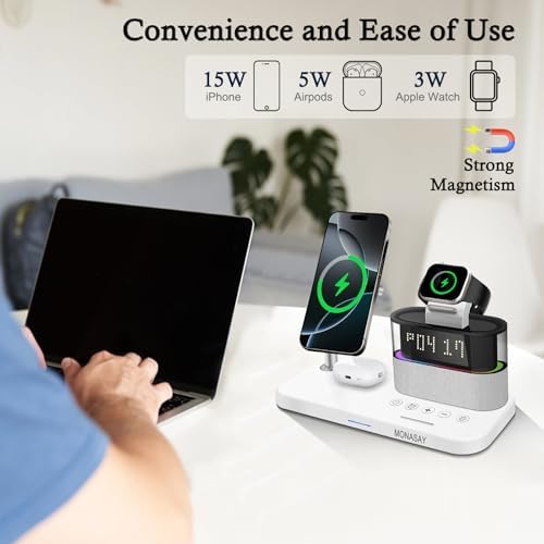 MONASAY Qi2 5-in-1 Wireless Charging Hub with Alarm Clock – 23 W Fast Charger for i Phone 16/15/14/13/12, Air Pods, and Apple Watch – Magnetic Stand for Optimal Device Alignment – Sleek Black Design for Home and Office Use – Ultimate Convenience and Speed in One Charging Solution