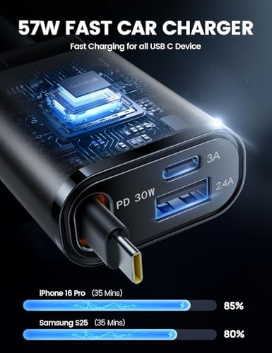 Ultra-Compact Lamicall Retractable Car Charger – 57 W USB-C Fast Charging for i Phone 16, Galaxy S25, Pixel Android | Space-Saving Design with Enhanced Compatibility & Safety Features for Quick On-the-Go Charging