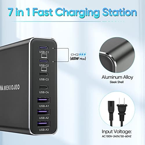 Elevate Your Charging Game with the 65 W Ga N 7-Port Aluminum USB-C Power Hub – High-Speed Multi-Device Charger for Mac Book Pro, i Pad Pro, and i Phone – Lightweight, Travel-Friendly Design with Advanced Safety Features for Efficient Power Delivery