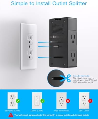 Maximize Power Efficiency with Our 5-Outlet Surge Protector and 4-Port USB Charger – Wall-Mountable Power Strip with 1680 Joules Protection for Home and Office Use, Featuring Fast USB C PD 20 W Charging for All Devices, Ideal Multi-Plug Adapter for an Organized Workspace