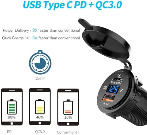 High-Performance 12 V USB C Car Outlet Adapter with PD 30 W & QC 18 W Ports – Waterproof Cigarette Lighter Replacement with LED Digital Voltmeter for Boats, Trucks, RVs, and Golf Carts – Ultimate Charging Solution for On-the-Go Devices