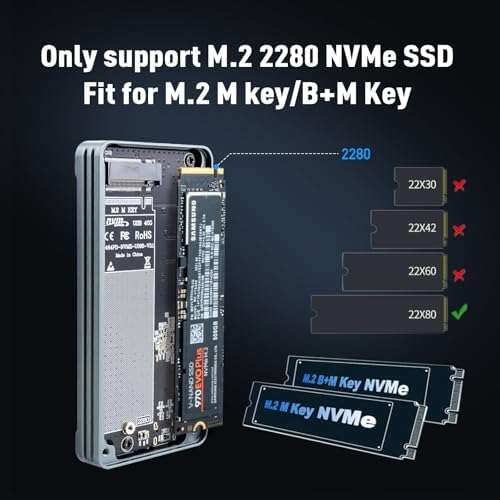 High-Speed M.2 NVMe SSD Enclosure with USB C Adapter – 10 Gbps Transfer Rate, UASP & Trim Support for M-Key (B+M Key) SSDs (2230/2242/2260/2280) – Portable, Durable Solution for Data Backup & Storage Expansion