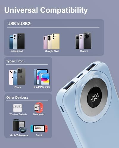 High-Capacity 10000 m Ah USB-C Power Bank with 22.5 W Fast Charging – Travel-Ready Portable Charger Featuring Built-in Cables, Triple Output Ports & HD LED Display for Efficient Device Charging on the Go