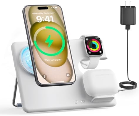 Revolutionary MGG 3-in-1 Magnetic Wireless Charging Station for Apple Devices – Effortlessly Charge i Phone 15, 14, 13, 12 Pro Max Plus, Apple Watch Series 9-4, and Air Pods Pro 2/3 with Enhanced Speed and Portability – Sleek Foldable Design for Travel and Home Use – Eliminate Cable Clutter and Enjoy Quick, Efficient Charging!