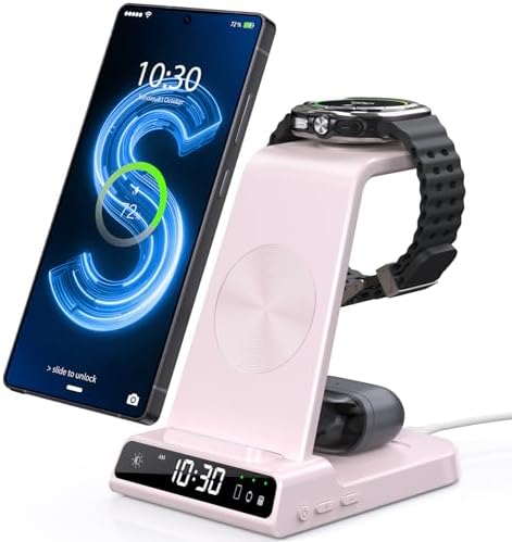 Upgrade Your Charging Experience with the Premium 3-in-1 Wireless Charger Station for Samsung Devices – Ultra-Fast Dock for Galaxy S24 Ultra, S23 Ultra, Z Flip 6, Fold 5, Galaxy Watch 7/6/5 Pro, and Buds – Modern Wood Grain Design with Integrated Clock for Enhanced Organization and Style