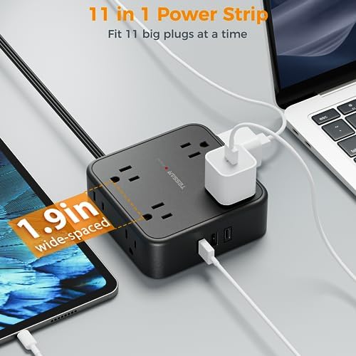 TESSAN Power Strip Tower Surge Protector: 8 AC Outlets & 3 USB Ports (1 USB-C) with 900 Joules Protection, 5 FT Flat Plug Extension Cord – Ultimate Desk Charging Station for Home Office and Dorm Room Efficiency