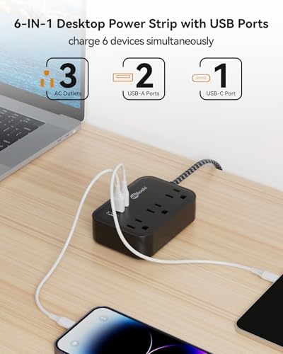 Compact PD 20 W USB C Travel Power Strip with Flat Plug Design, 3 AC Outlets & 3 USB Ports for Rapid Charging – Ideal Cruise Ship Essential & Versatile Charging Station for i Pad Pro, i Phone, Samsung Devices – 3 FT Short Extension Cord for Convenient Use