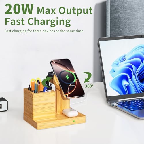 Eco-Friendly 4-in-1 Wireless Charging Dock with Pen Holder – Premium Bamboo Mag Safe Station for i Phone 12-16 Pro, Air Pods & Apple Watch – Fast Charging Solution for Home & Office, Perfect Gift for Tech Enthusiasts