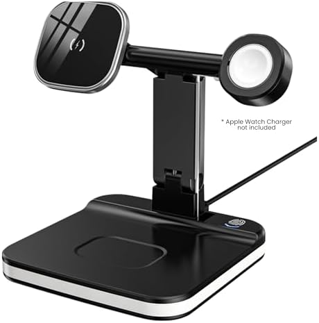 Elevate Your Charging Experience with the Lumi Charge 4-in-1 Qi Wireless Charging Station – Fast, Sleek Multi-Device Dock for Mag Safe, Apple Watch & Air Pods – Innovative Charging Hub Featuring Integrated LED Night Light, USB-C Cable, and Safety Features – Space-Saving Solution for Tech Lovers