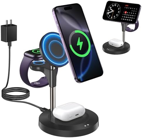 Effortless Power: Premium 3-in-1 Wireless Charging Station for Apple Devices – 15 W Mag Safe Fast Charger Compatible with i Phone 12-16 Pro, Apple Watch Series 2-7, and Air Pods Pro 2-4 – Stylish Black Design for Seamless Integration and Maximum Efficiency