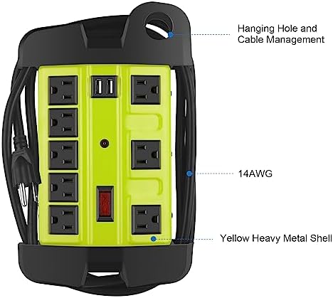 Industrial Heavy Duty Power Strip with 8 Outlets & USB Ports – 2700 Joules Surge Protector for Workshop & Garage – 15 Amp Metal Power Strip with 6 FT Extension Cord for Enhanced Device Compatibility & Fast Charging