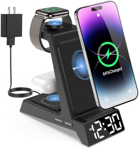 Revolutionary 3-in-1 Wireless Charging Station with LED Alarm Clock – Simultaneous Charging for i Phone 16-11 Pro Max, Apple Watch Series 10-5, and Air Pods Pro 4-2 – Space-Saving Nightstand Dock with Adjustable Brightness, Phone Case Compatibility, and Enhanced Safety Features – Perfect for Home, Office, and Travel