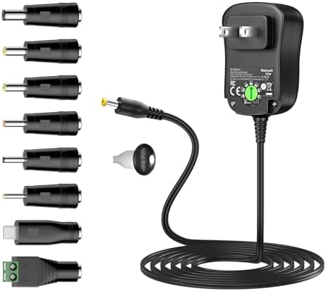 Universal Multi-Voltage AC to DC Power Supply Adapter – Versatile 12 W Power Solution with 8 Interchangeable Tips for 3 V to 12 V Devices, Ideal for LED Strips, Routers, CCTV Cameras, and Tablets – Compact, Safe, and Efficient Power Supply for Home and Professional Use