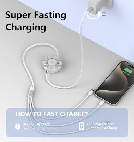 3-in-1 Retractable Multi Charging Cable, 100W Fast Charging USB-C/A to Lightning/USB-C/Micro USB Phone Charger Cord for iPhone 16/15, Samsung, MacBook, iPad （White） – Enhanced Compatibility and Speed