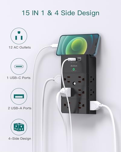 Addtam Surge Protector Power Strip – 12-Outlet Wall Mount Multi Plug Extender with 3 USB Ports (Including USB-C) for Home, Office & Travel – Space-Saving Design with Enhanced Safety Features and Fast Charging Capability