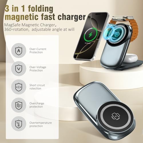 Ultimate 3-in-1 Foldable Wireless Charging Station for Apple Devices – Fast Max Charging for i Phone 16/15/14/13/12 Pro Max, Apple Watch Series 10-3 & Air Pods Pro/4/3 – Compact Travel Design with Smart Protection Features for Effortless Device Management – Silent Operation for Undisturbed Environments – Includes 20 W PD Adapter & USB-C Cable – Perfect for Home or Office Use