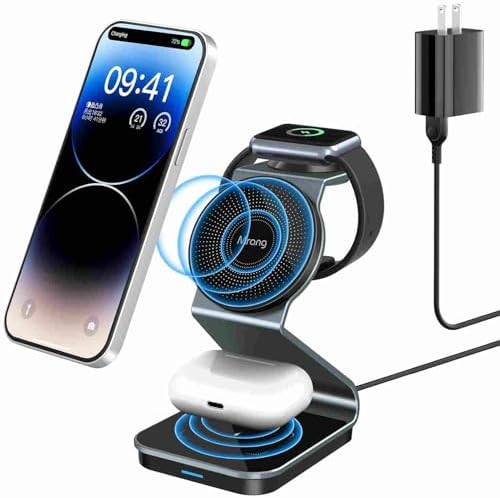 Sleek 3-in-1 Aluminum Alloy Wireless Charger Stand for i Phone, i Watch & Air Pods – Fast Mag-Safe Charging Station with Cable & Adapter Included for Ultimate Device Compatibility and Convenience