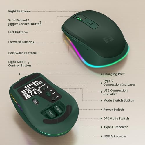 Illuminate Your Workspace with the seenda Light-Up Wireless Mouse Featuring Built-In Jiggler – USB-C & USB Receiver for Mac Book, i Pad, and Windows Devices – Ergonomic Design for Enhanced Comfort and Productivity
