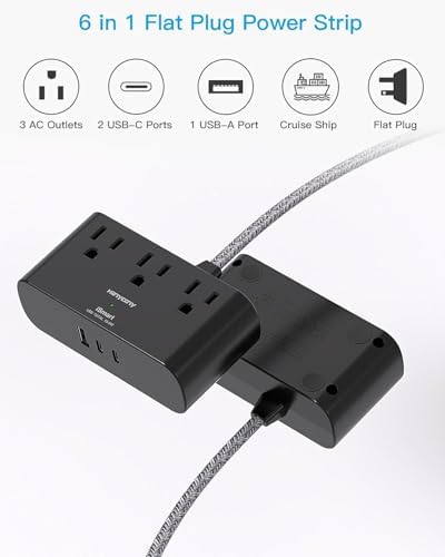 HANYCONY Ultra Thin Flat Plug Power Strip – 6 Ft Extension Cord with 3 Outlets & 3 USB Ports (2 USB-C) for Travel, Dorms & Cruise Ships – Space-Saving Multi Plug Outlet Extender for Fast Charging & Enhanced Device Compatibility