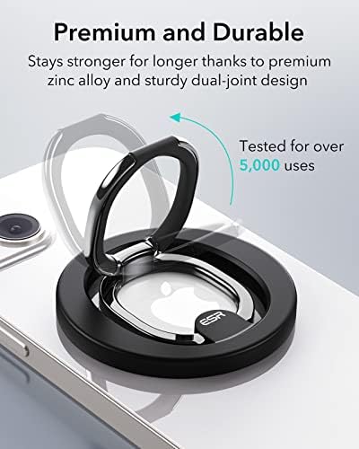 Magnetic Phone Ring Holder with 2-Way Adjustable Stand for i Phone and Galaxy – ESR Halo Lock Grip for Enhanced Stability, Secure Comfort, and Effortless Wireless Charging – Premium Zinc-Alloy Design, 1,200 g Magnetic Hold, Versatile Portrait/Landscape Viewing – Ideal for Caseless Phones and Mag Safe Cases – Black Finish for Modern Aesthetics
