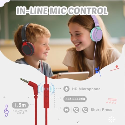 MIDOLA Kids Over-Ear Headphones: Safe Audio Experience with Noise Limitation, Foldable & Travel-Friendly Design, Custom Volume Control (85/110 d B), Built-In Microphone, and AUX Compatibility for School, Gaming, and Family Adventures in Sleek Black