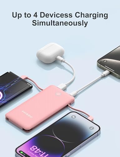 miisso 10000 m Ah Ultra-Slim Portable Power Bank with Integrated Charging Cables – Multi-Device USB-C Travel Charger for i Phone & Samsung – Compact, Lightweight Battery Pack Designed for Maximum Portability and Efficiency