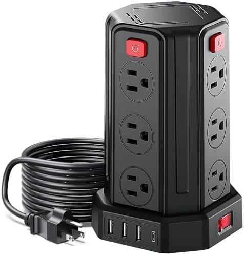Compact Power Tower Surge Protector with 10 Ft Extension Cord – 12 AC Outlets & 4 USB Ports (Including USB-C) for Ultimate Device Charging – SMALLRT Black Desktop Charging Station for Home Office & Entertainment Use