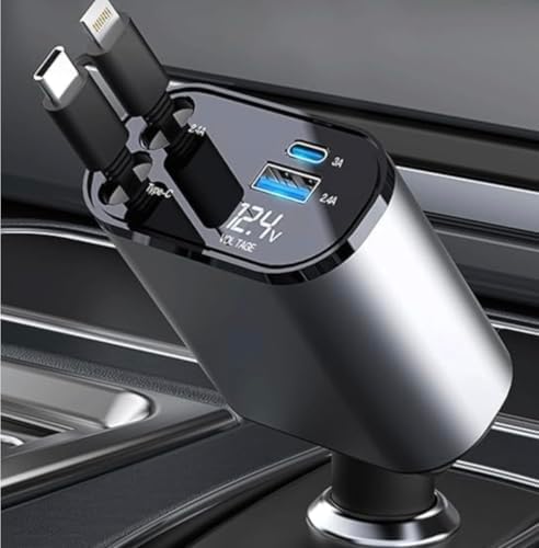 Ultimate 4-in-1 Retractable Car Charger with Dual USB Ports – 120 W Fast Charging Adapter for i Phone, Samsung Galaxy & Pixel Devices – Tangle-Free Design for Optimal On-the-Go Convenience and Universal Compatibility