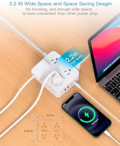 HANYCONY 6 ft Surge Protector Power Strip with 8 Outlets & 2 USB-C Ports – Essential College Dorm Extension Cord with Space-Saving Flat Plug for Fast Charging and Device Safety – Perfect for Home Office and Tech Needs