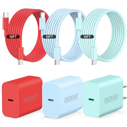 Ultra-Fast 60 W USB-C Charger Set – 3-Pack with 10 FT Charging Cables for i Phone 15/16 Pro/Max/Plus, i Pad Air/Pro, Samsung Devices – High-Speed Charging in Vibrant Red, Purple, Green – Maximum Compatibility & Convenience for On-the-Go Power Solutions