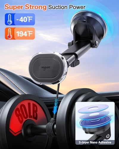 volport Magnetic Phone Holder for Car, Industrial-Strength Suction Cup Phone Mount Windshield Dashboard, Strong Magnets Adjustable Phone Mount for Phone, Requires Metal Plate (3 Included) for Use – Enhanced Compatibility and Speed